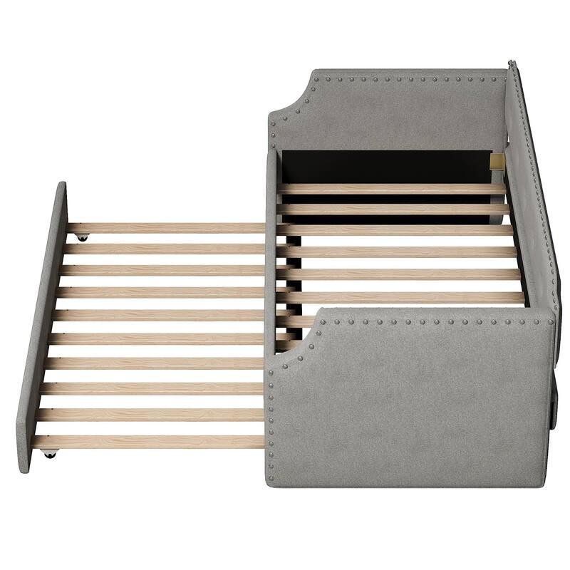 Gray Twin Upholstered Daybed with Trundle, Wood Slat Support, Sofa Bed for Guest Rooms
