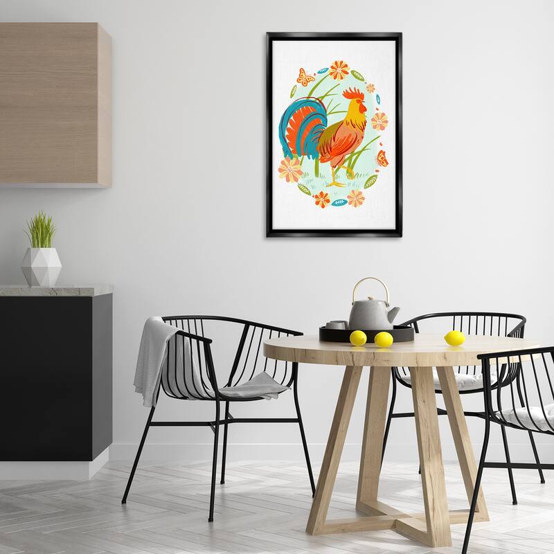 Stupell Rooster with Butterflies Border Framed Floater Canvas Wall Art Design By Hannah Moren