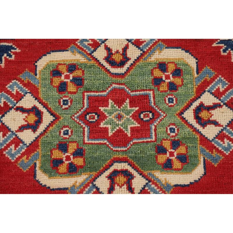 Geometric Red Kazak Area Rug Living Room Hand-Knotted Wool Carpet - 6'8" x 10'3"