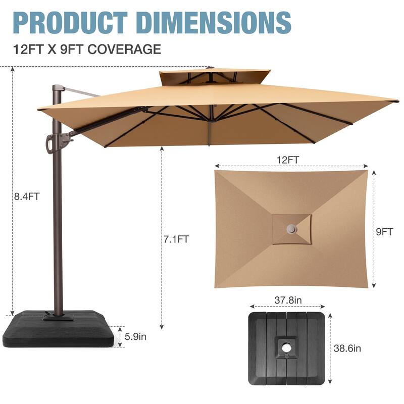 9x12 FT Rectangular Outdoor Patio Double Top Cantilever Offset Umbrella with Weight Base