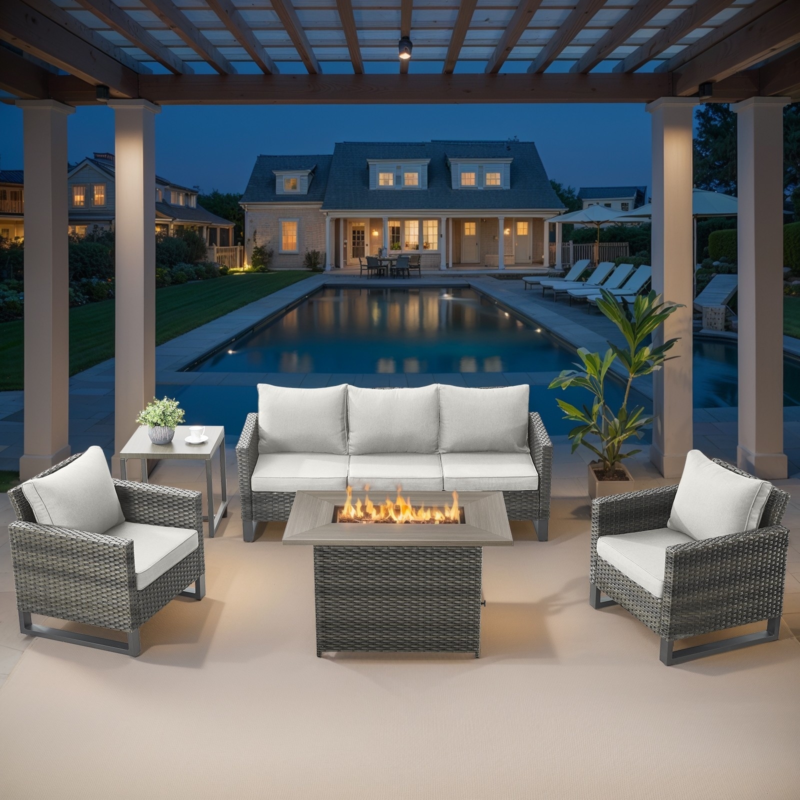 Outdoor Sofa Chairs with Fire Pit Table - Beige cushion - Grey
