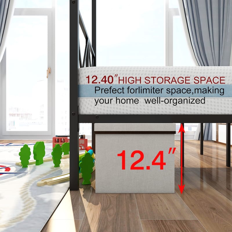 Queen Size Metal Canopy Bed Frame with X Shaped Design, No Box Spring Needed, Under Bed Storage