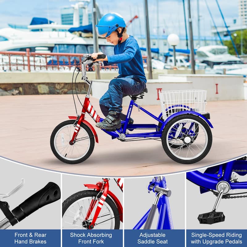Docred 16" and 24" Tricycle 1-Speed 3 Wheel Trike Bike with Basket