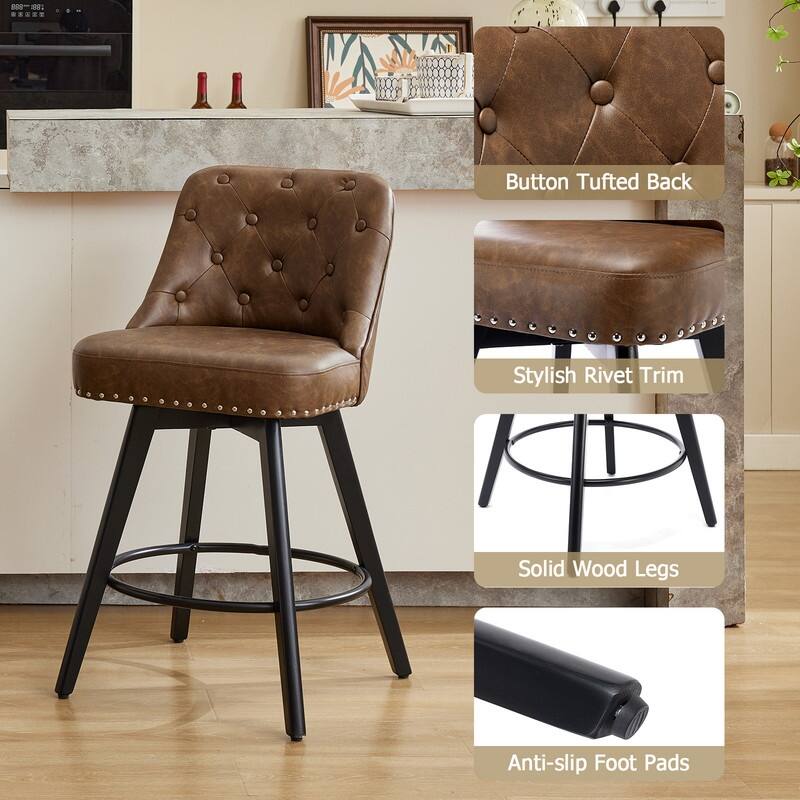 Bar Stools Set of 2, Modern Swivel Counter Height Bar Stools with Back and Wood Legs