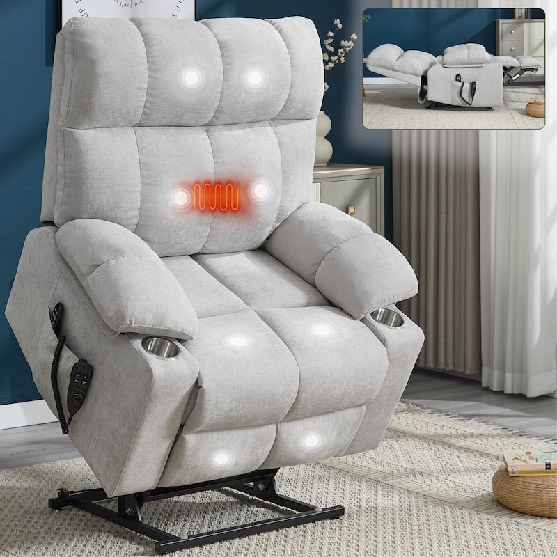 Power Lift Recliner Chair with Massage & Heat – 350 lbs Capacity, Dual Motor, 8-Point Vibration, Lumbar Heating, Cup Holders - Beige