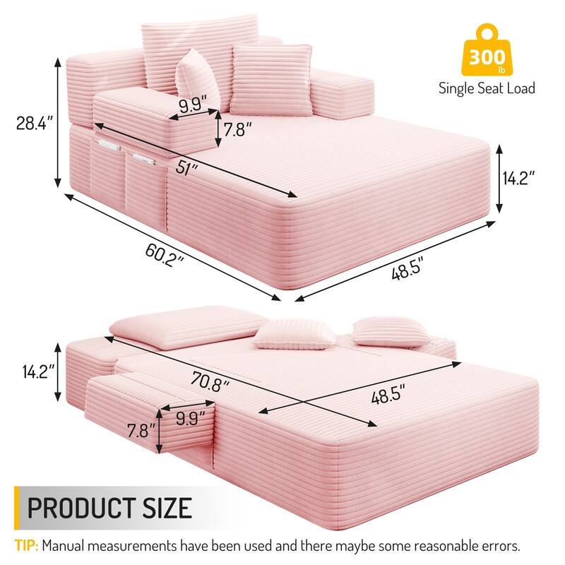 Luxurious Plush Corduroy Chaise Lounge Convertible Sofa Bed with Storage Pocket and Wide Armrests