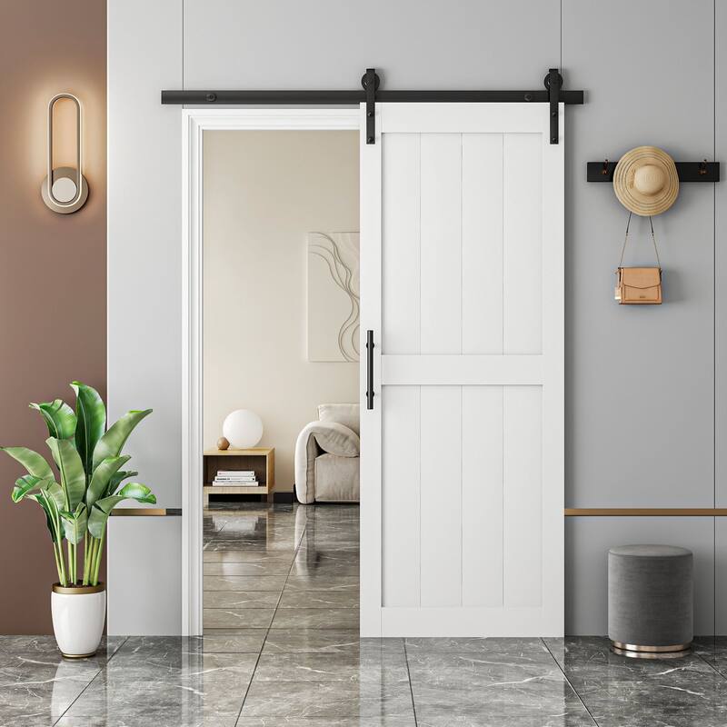 84''H Primed H-Frame White Sliding Barn Door Water Proof PVC Surface With Installation Hardware Kit