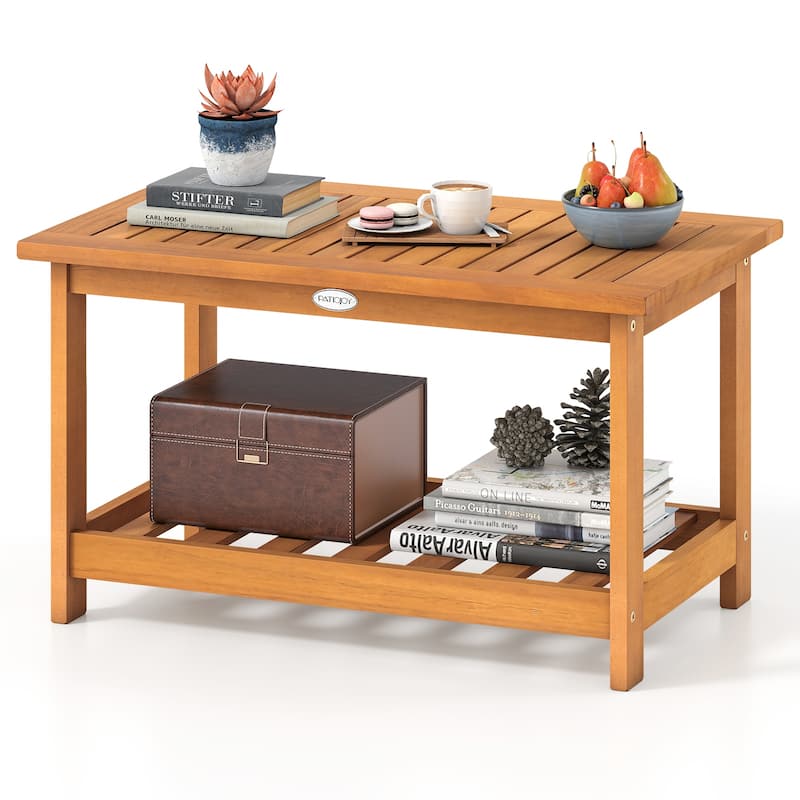 2-Tier Acacia Wood Rectangular Coffee Table with Lower Shelf and Slatted Top for Patio or Living Room - 29.5" x 18" x 17"