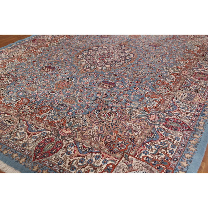 Hand Knotted Oriental 100% Wool Carpet Traditional Floral Navy Blue & Blues Kashmar Area Rug - 12' 9'' X 10' 0''