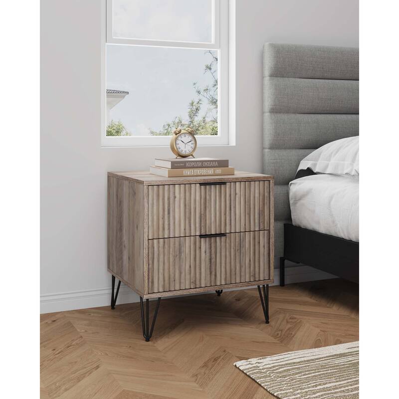Manhattan Comfort Dumbo Mid Century Nightstand with 2 Drawer and Metal Feet. - Rustic Grey