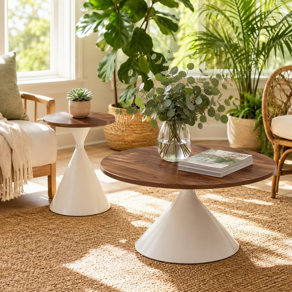 2-piece coffee round table set, travertine patterned tabletop with steel base