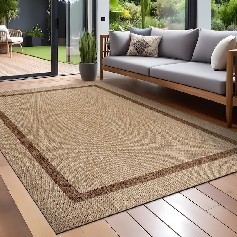 Beverly Rug Modern Bordered Indoor Outdoor Rug, Outside Carpet for Patio, Deck, Porch