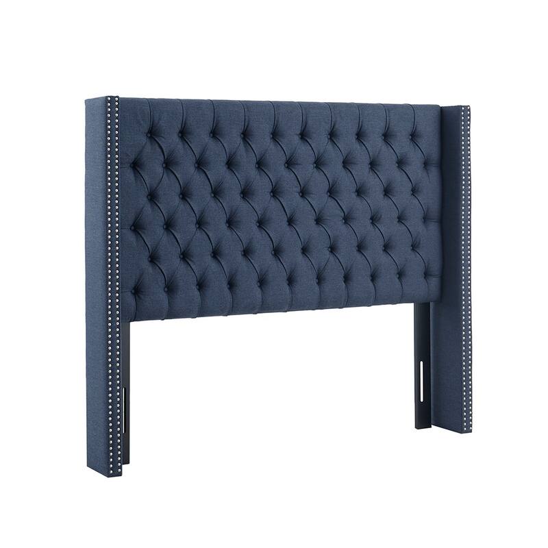 Queen Navy Upholstered Tufted Wingback Headboard with Nailhead Trim