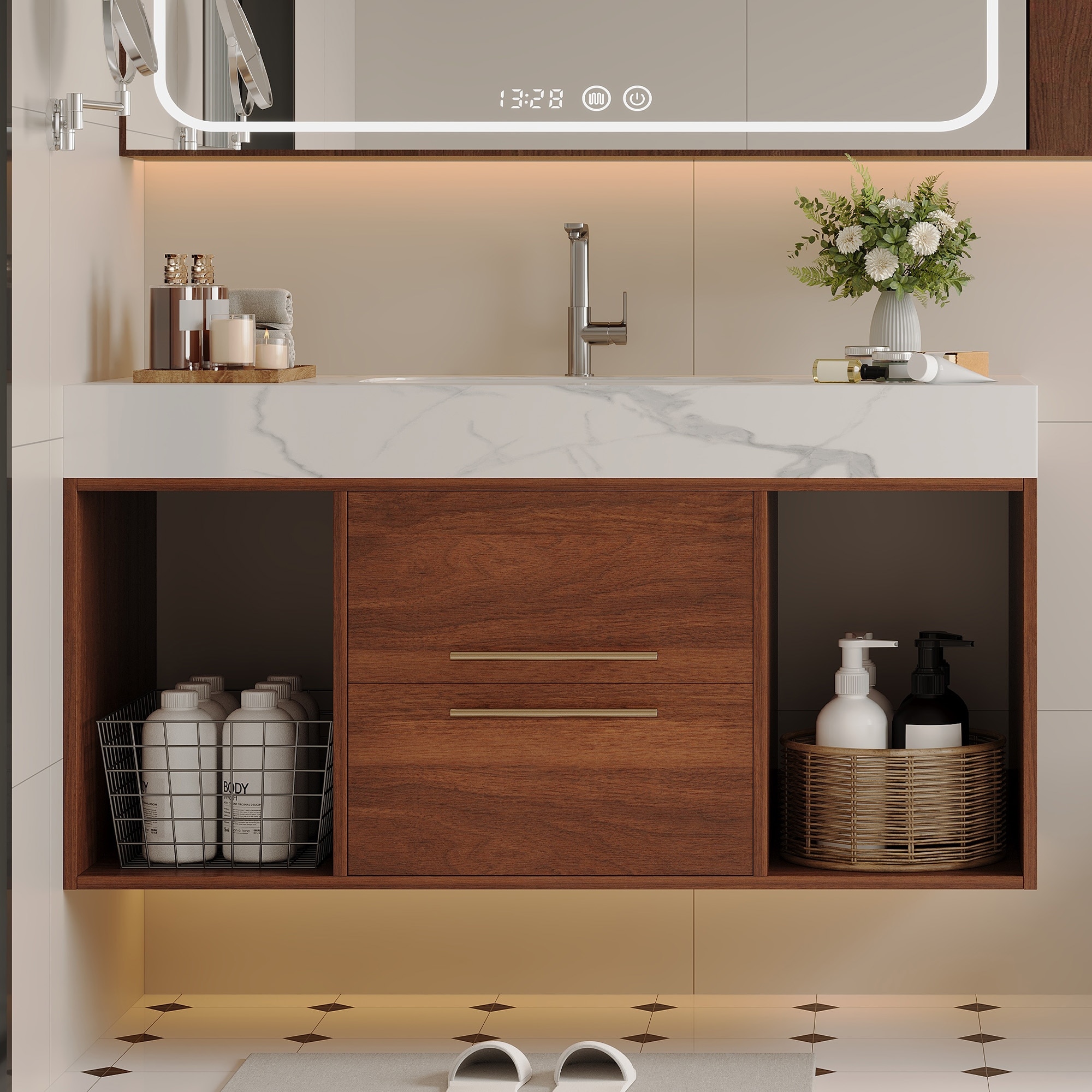 39.4" Floating Bathroom Vanity with Ceramic sink,Wall Mounted Vanity 2 Soft Close Drawer and white slate top