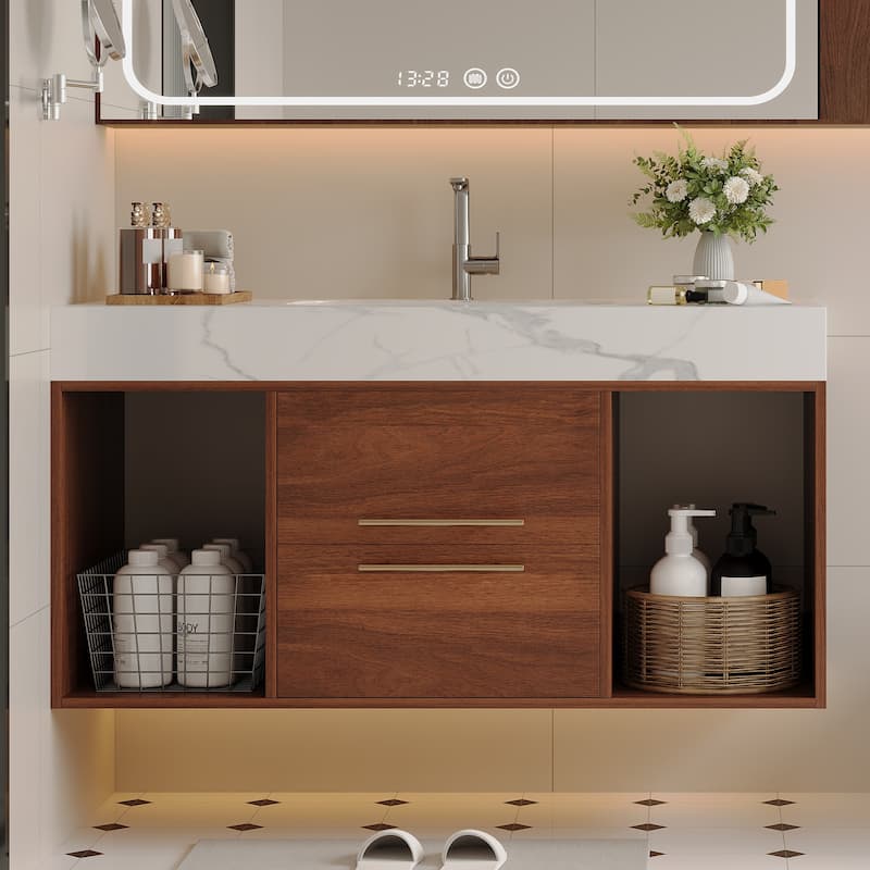 Modern Wall Mounted Bathroom Vanity Floating Storage Cabinet with Ceramic Sink, Faux Marble Countertop, Drawers and Open Shelves - Walnut