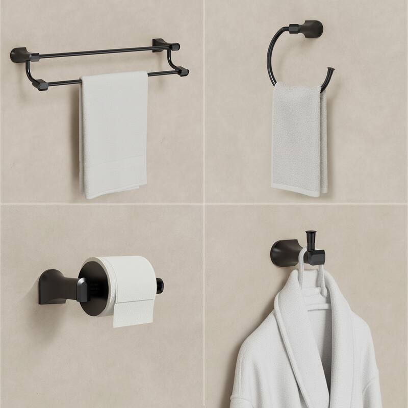 GRANDJOY 4-Piece Stainless Steel Bathroom Hardware Set with Wall Mount Double Towel Bar - Matte Black