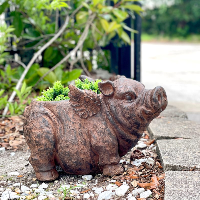 Flying Pig Planter 17" Brown, With Drain Hole, Rustic Indoor Outdoor - 10.75 X 17 X 8.5 inches