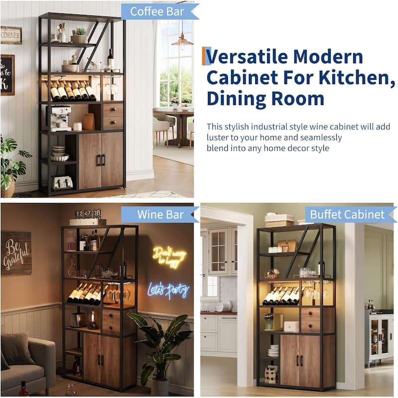 Farmhouse Bar Cabinet with Wine Rack,Bakers Rack with Power Outlet and LED Light