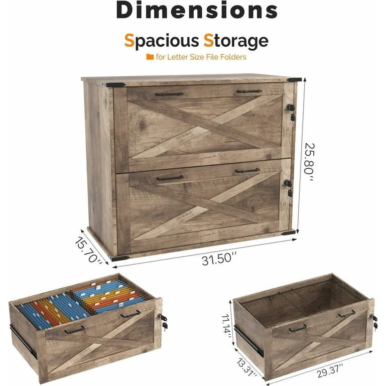 Barn Door Wooden 2 Drawers With Lock 25.79"H