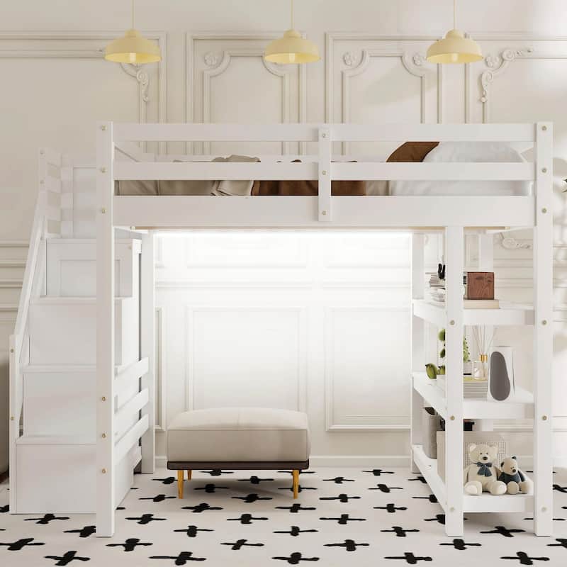 Loft Bed with Shelves, Storage Staircase, Small Wardrobe & White LED Light