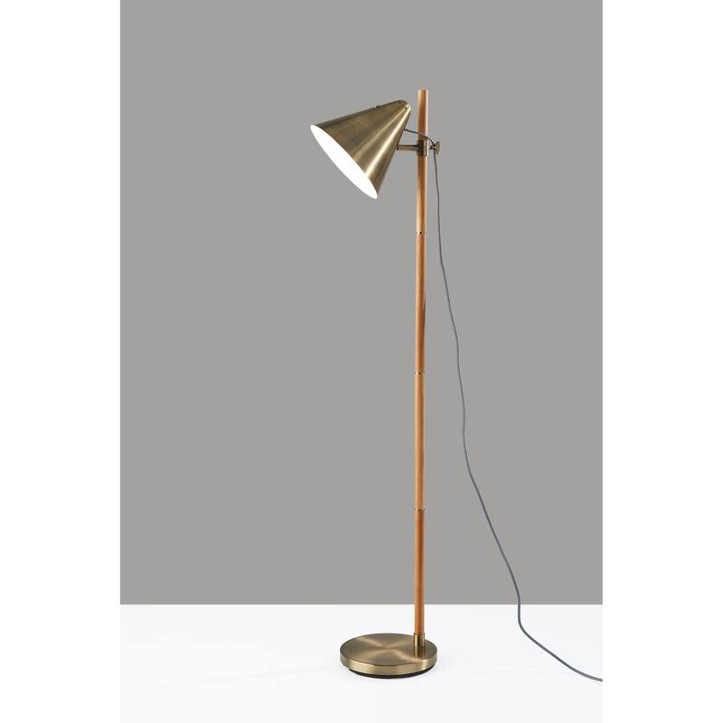 Bryn Floor Lamp - Natural Rubberwood & Antique Brass