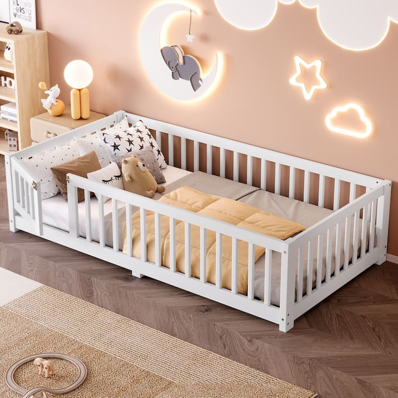 Twin Size Bed Floor Bed with Safety Guardrails and Door for Kids