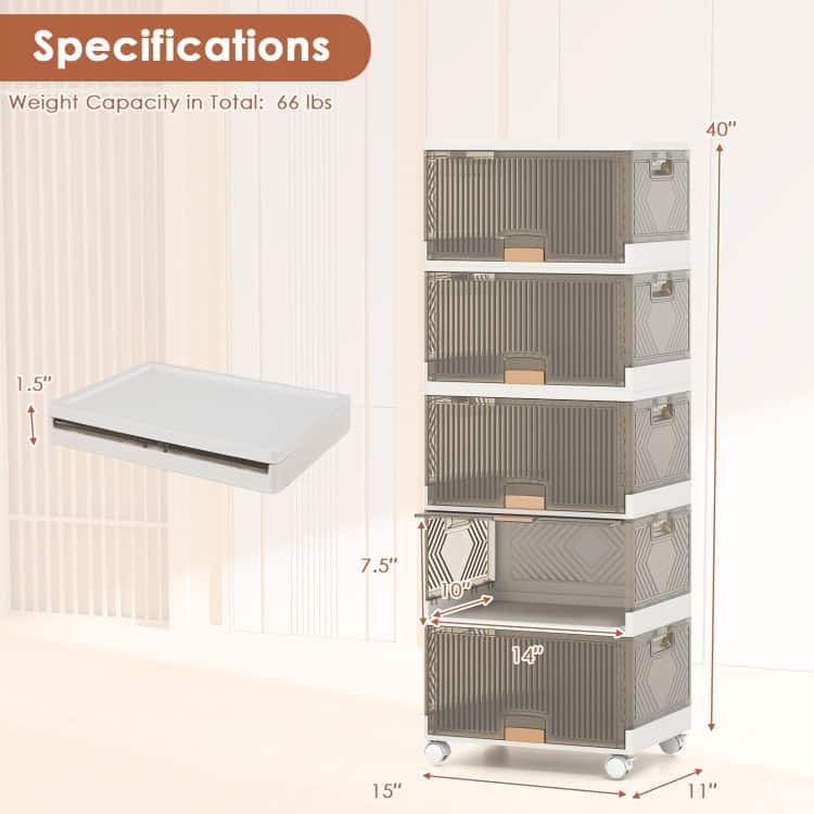 White-Brown PP and ABS Stackable Storage Bin with Wheels, Foldable Cubes
