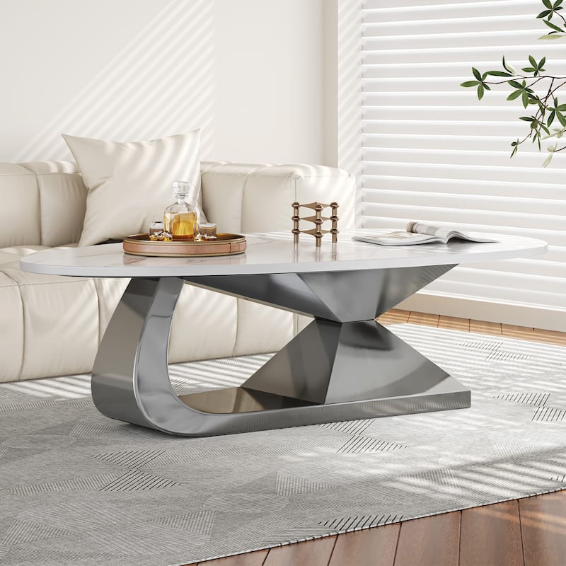 GDFStudio - Contemporary 51.2" Oval Sintered Stone Coffee Table with Sculptural Stainless Steel Base