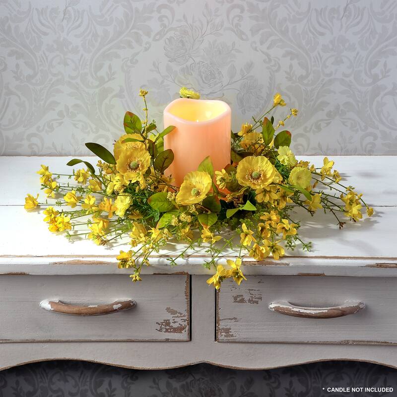13" Spring Poppy/Forsythia Candle Ring