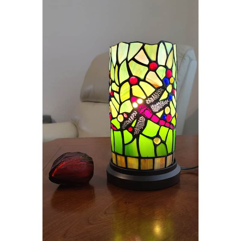 Dark Brown Resin Mini Table Lamp with Stained Glass Dragonfly Shade - 6” x 6” x 10.5” (D x W x H)