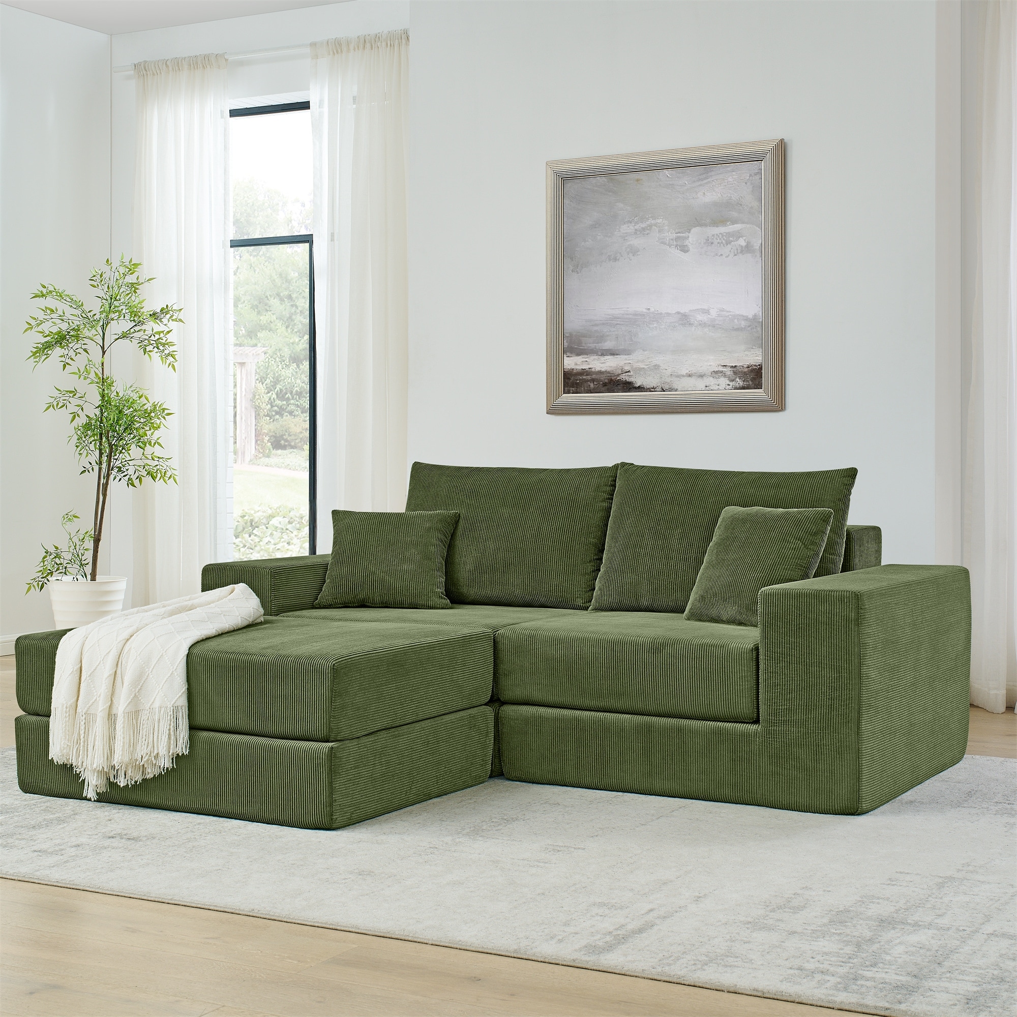 Folding Deep Seat Couch Modular L-shaped Sectional Sofa Corduroy Upholstered Sleeper Sofa Bed with Throw Pillows