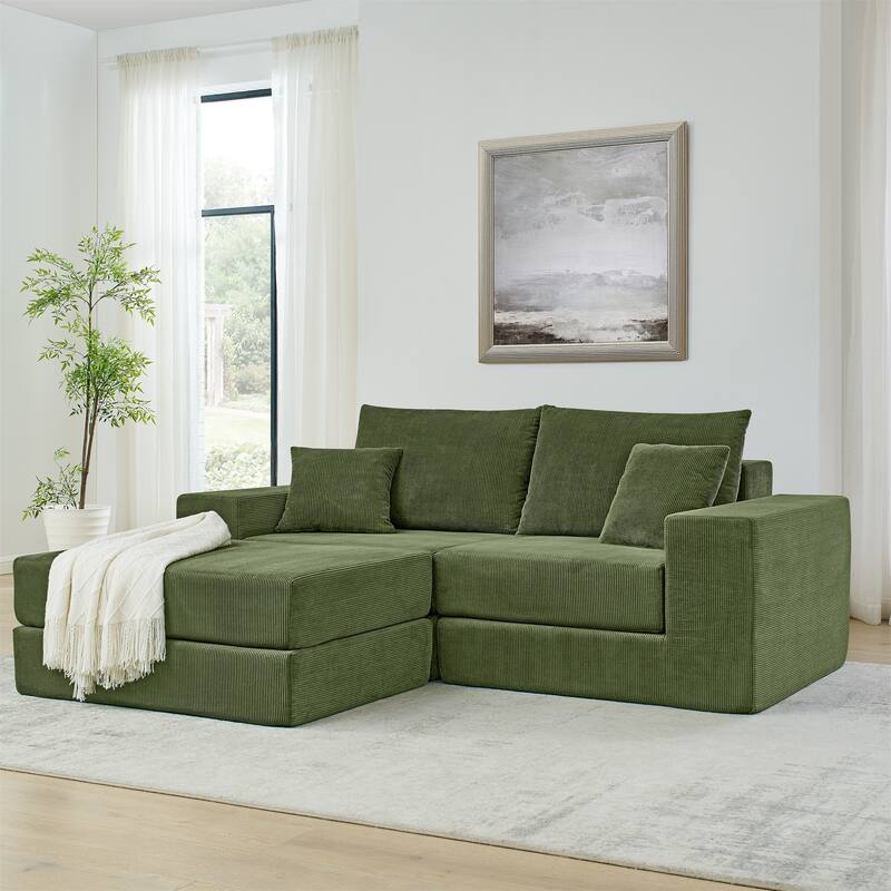 Folding Deep Seat Couch Modular L-shaped Sectional Sofa Corduroy Upholstered Sleeper Sofa Bed with Throw Pillows - Green