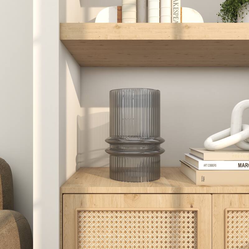 Gray Glass Wide Ribbed Candle Holder with Fluted Center