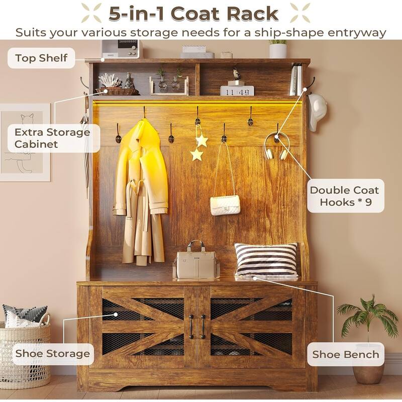 Hall Tree w/ Bench Shoe Storage Shoe Cubby Barn Door Adjustable Shelf