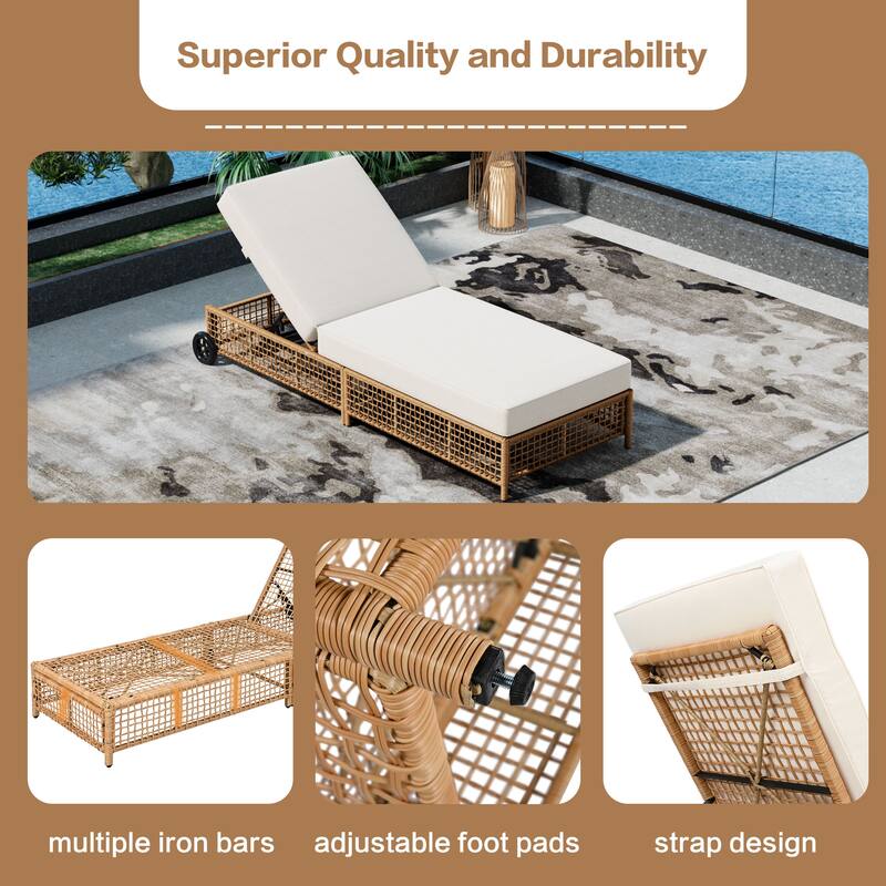 Outdoor PE Rattan Chaise Lounge with 5-Position Backrest & Wheels, Patio Recliner Chair Sun Lounger for Poolside Backyard Garden