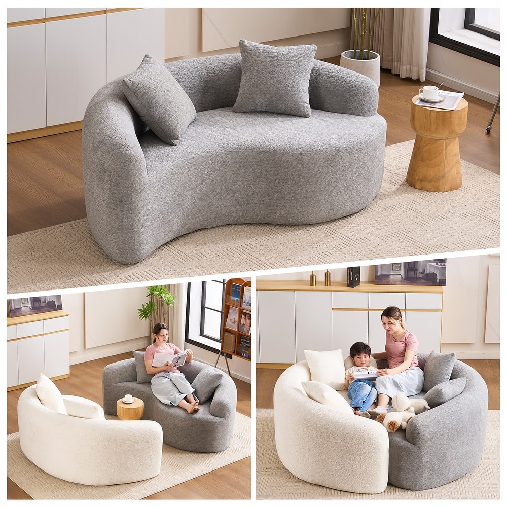 Yin-Yang Design Single Chaise Couch S-curved Chenille Sofa, Purchase 2pc for Combination into Tai Chi Round Sleeper Sofa Bed