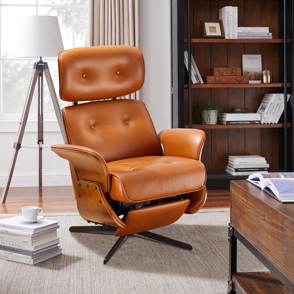 Art Leon Mid-century Modern Genuine Leather Lounge Chair Recliner
