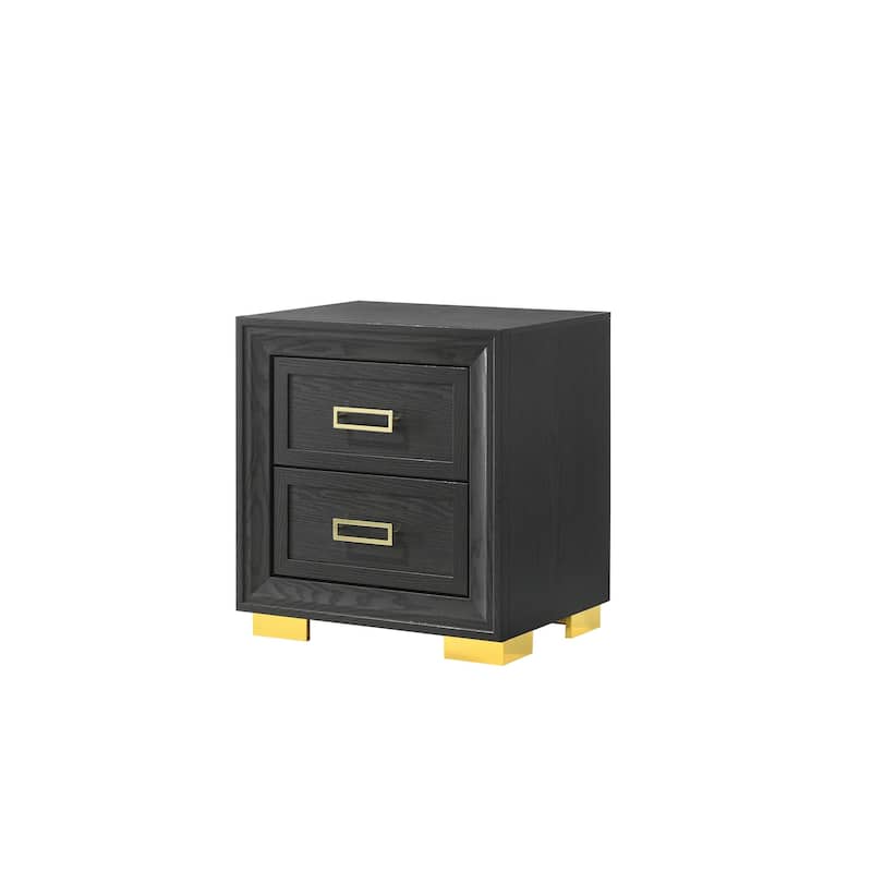 2-Drawer Nightstand Black Gold Finish Gold-colored Hardware Bedroom Furniture