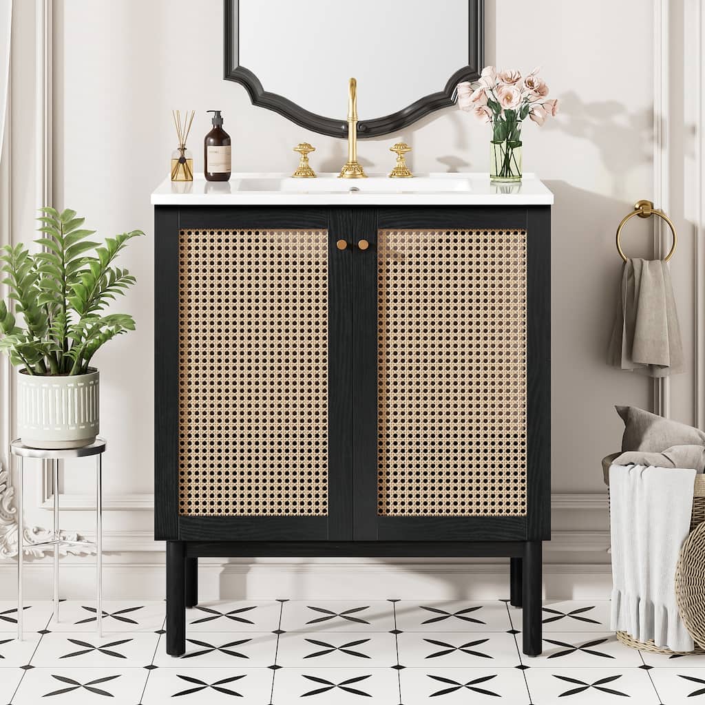 30" Black Storage Cabinet with Zinc Alloy Handles, Bathroom Vanity with Handwoven Rattan Doors and Soft Close Mechanisms