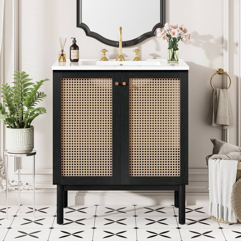 30-Inch Bathroom Vanity Crafted From Natural Materials, Featuring Handmade Rattan Doors And Soft-Closing Mechanisms - Black