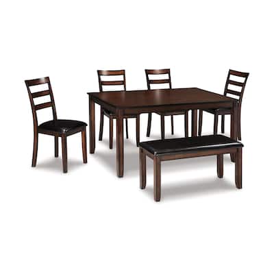Covvi 6pc Dining Table Set, Ladder Back Chairs, Brown Wood