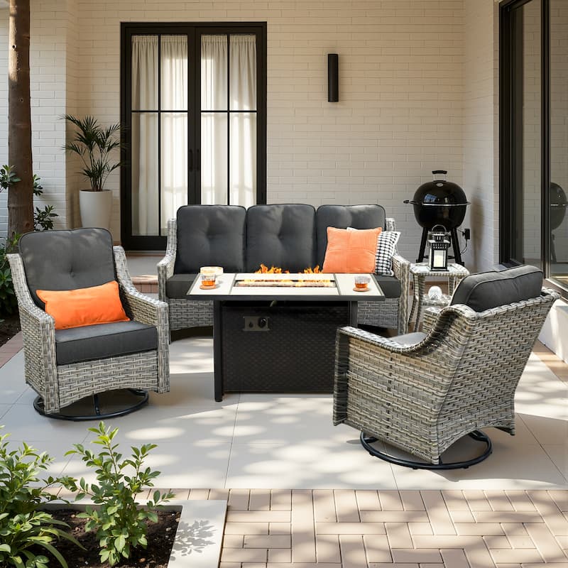 HOOOWOOO 5-piece Wicker Outdoor Furniture Swivel Chairs Set with Fire Pit - Black