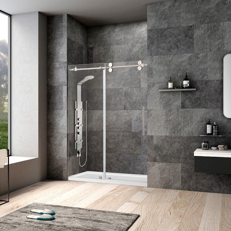 Villena 52" W x 78" H Single Sliding Shower Door,Brushed Nickel - 52 inches
