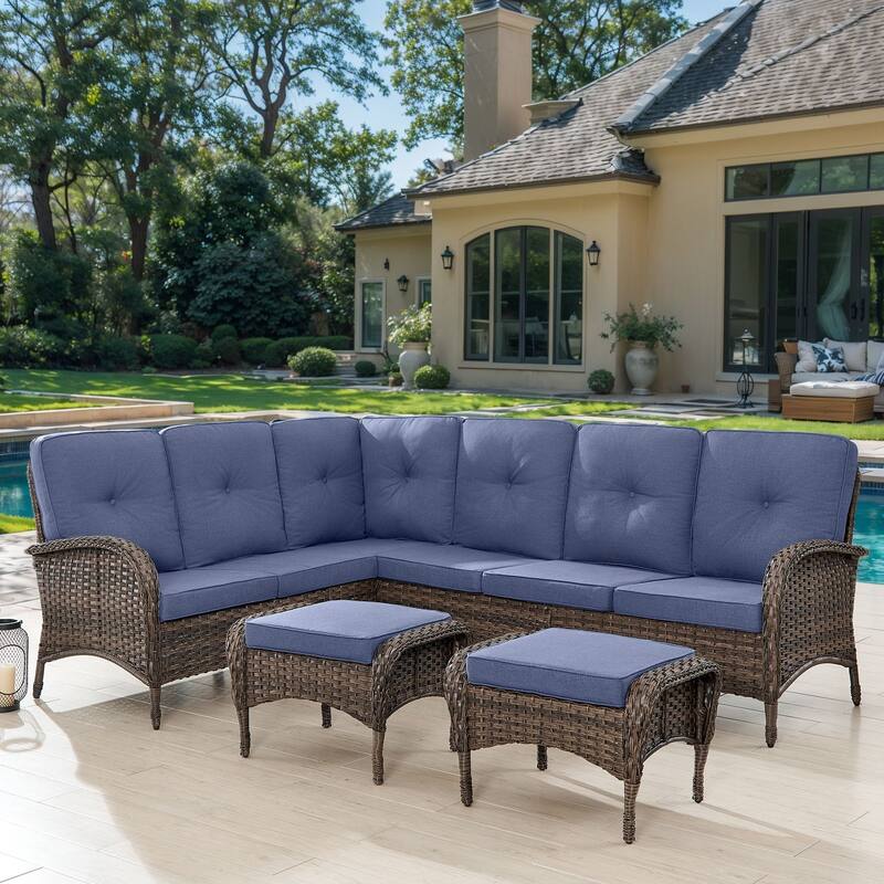 Outdoor L-Shaped Patio Furniture Set with Ottoman - Brown - Blue
