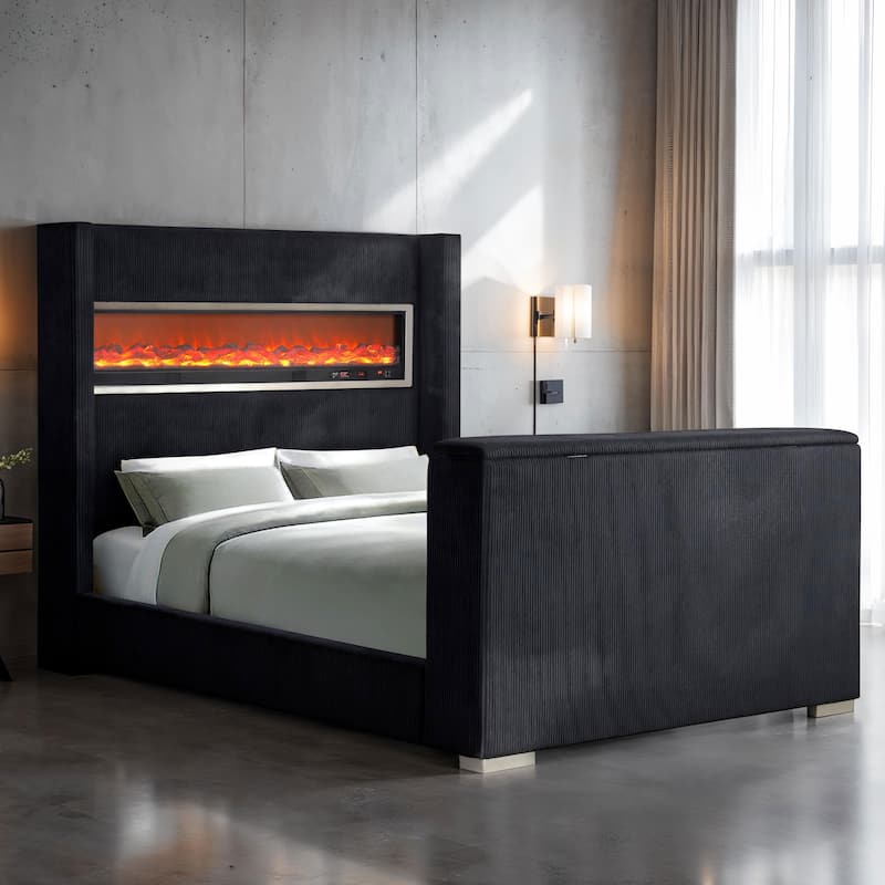 Furniture of America Gaia Modern Chenille Bed with 50-inch TV Lift and 3D Fireplace Simulator - Black - King