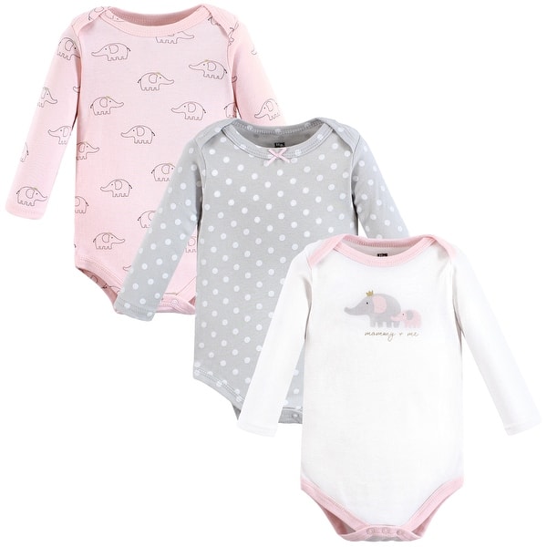 slide 1 of 1, Hudson Baby Infant Girl Cotton Long-Sleeve Bodysuits, Pink Gray Elephant 3-Pack 0-3 Months - Pink Gray Elephant 3-Pack