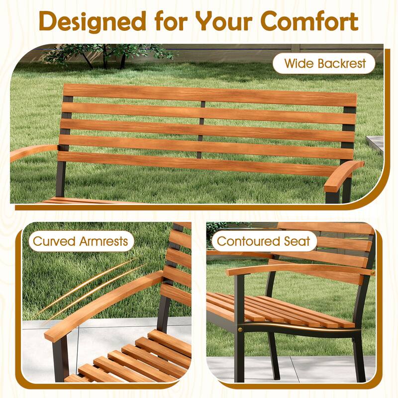 Gymax Outdoor Bench Acacia Wood Patio Loveseat w/ Backrest Armrests