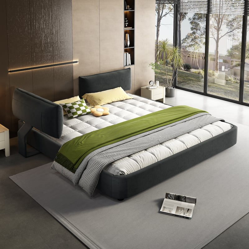 King Size Cloud Bed Frame with Oversized Padded Movable Headboard, Chenille Upholstered Bed with Round Corner