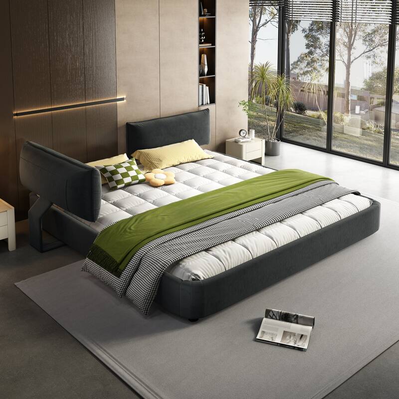 Low Profile King Size Cloud Bed Frame with Movable Headboard, Chenille Platform Bed with Metal/Solid Wood Slat Double Support