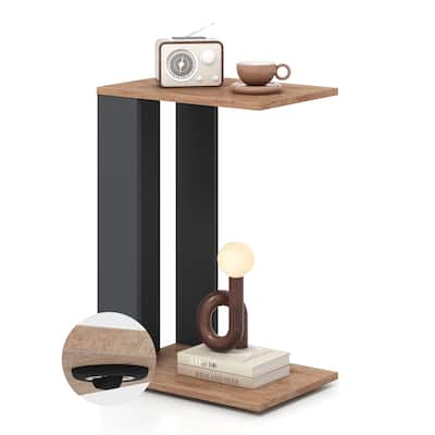 Gymax 2-Tier C Shaped Side Table w/ Universal Wheels & Shelf for Small